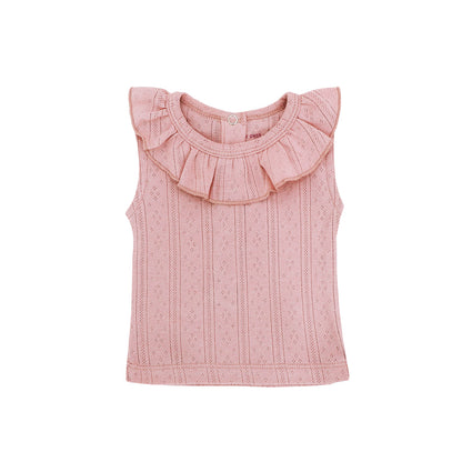 Baby Girl Ruffle Top in Plum Pointelle Cotton by Le Petit Society — image 13