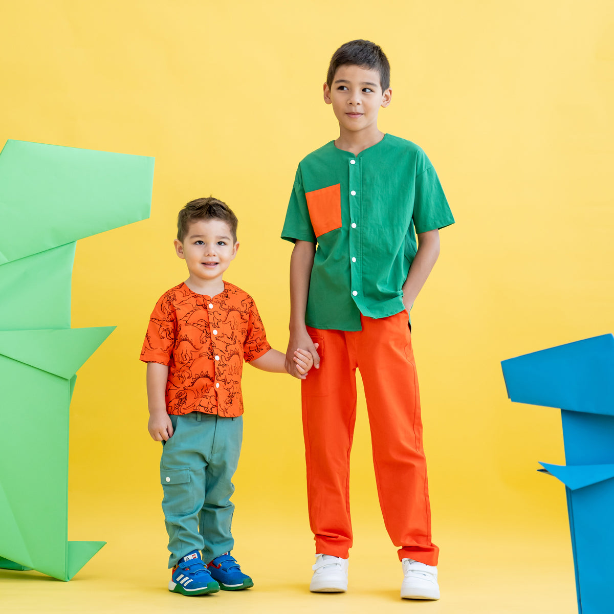 Made for Play - Boys Wide-Pocket Shirt in Dino Sketch Print in Orange by Le Petit Society — image 3