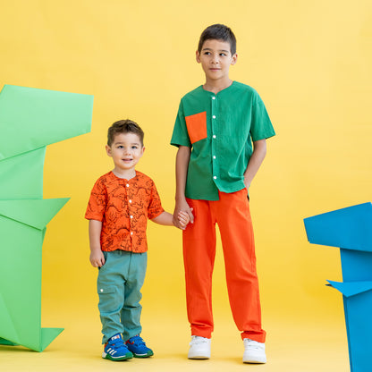 Made for Play - Boys Wide-Pocket Shirt in Dino Sketch Print in Orange by Le Petit Society — image 3