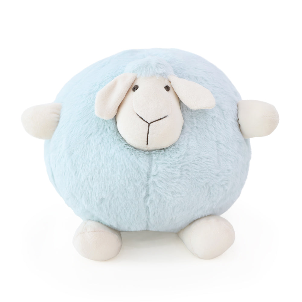 A round and plush sheep toy in soft blue by Le Petit Society stands against a white background.