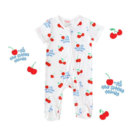 Baby Bamboo Short Sleeves Sleepsuit in Cherry Print by Le Petit Society