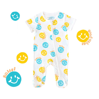 Baby Bamboo Short Sleeves Sleepsuit in Smiley Print by Le Petit Society — image 6