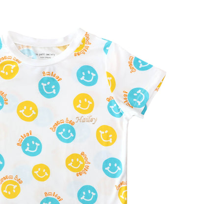 Kids Bamboo Short Sleeves Pyjamas in Smiley Print by Le Petit Society — image 2