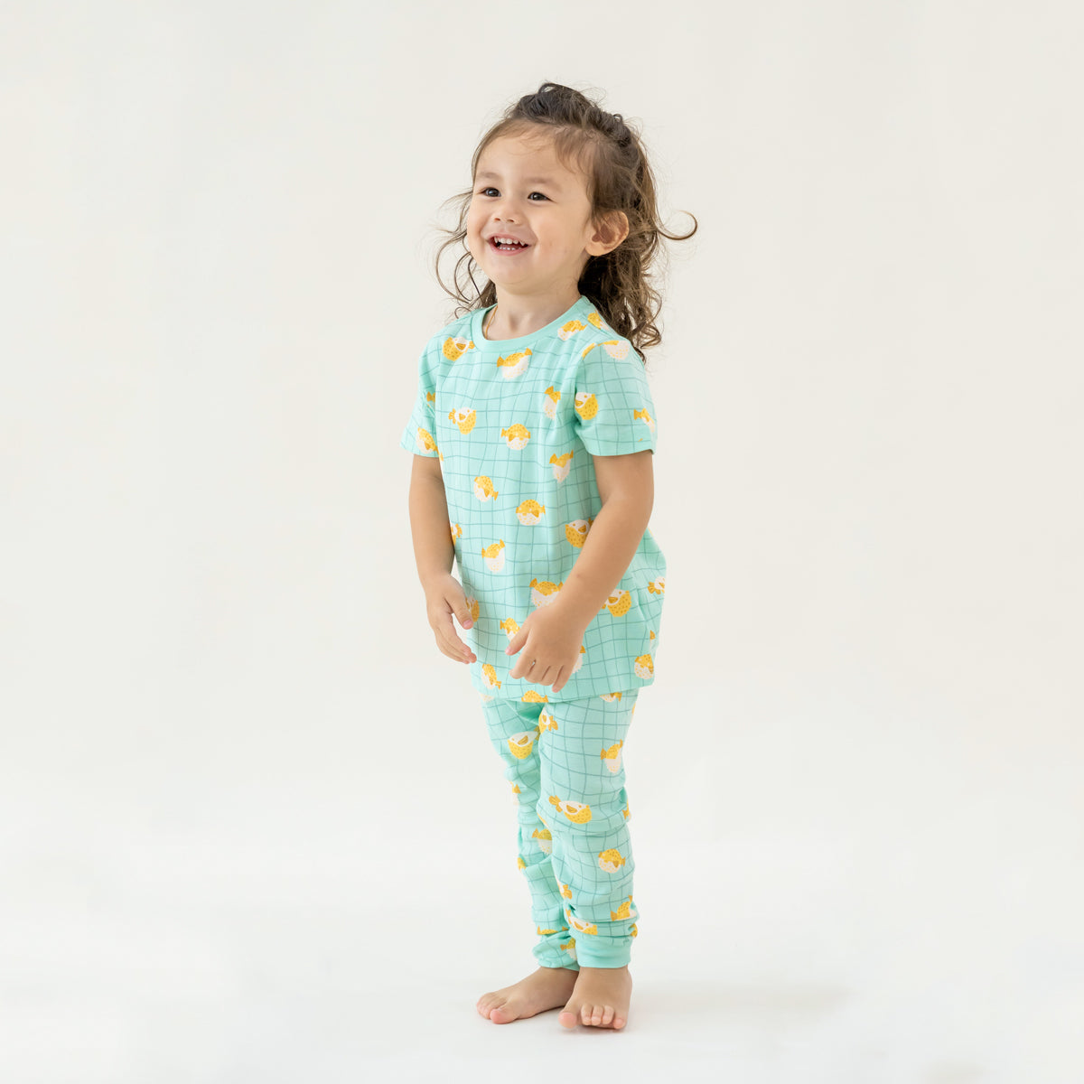 Kids Short Sleeves Organic Pyjamas Set in Puffer Fish Print by Le Petit Society