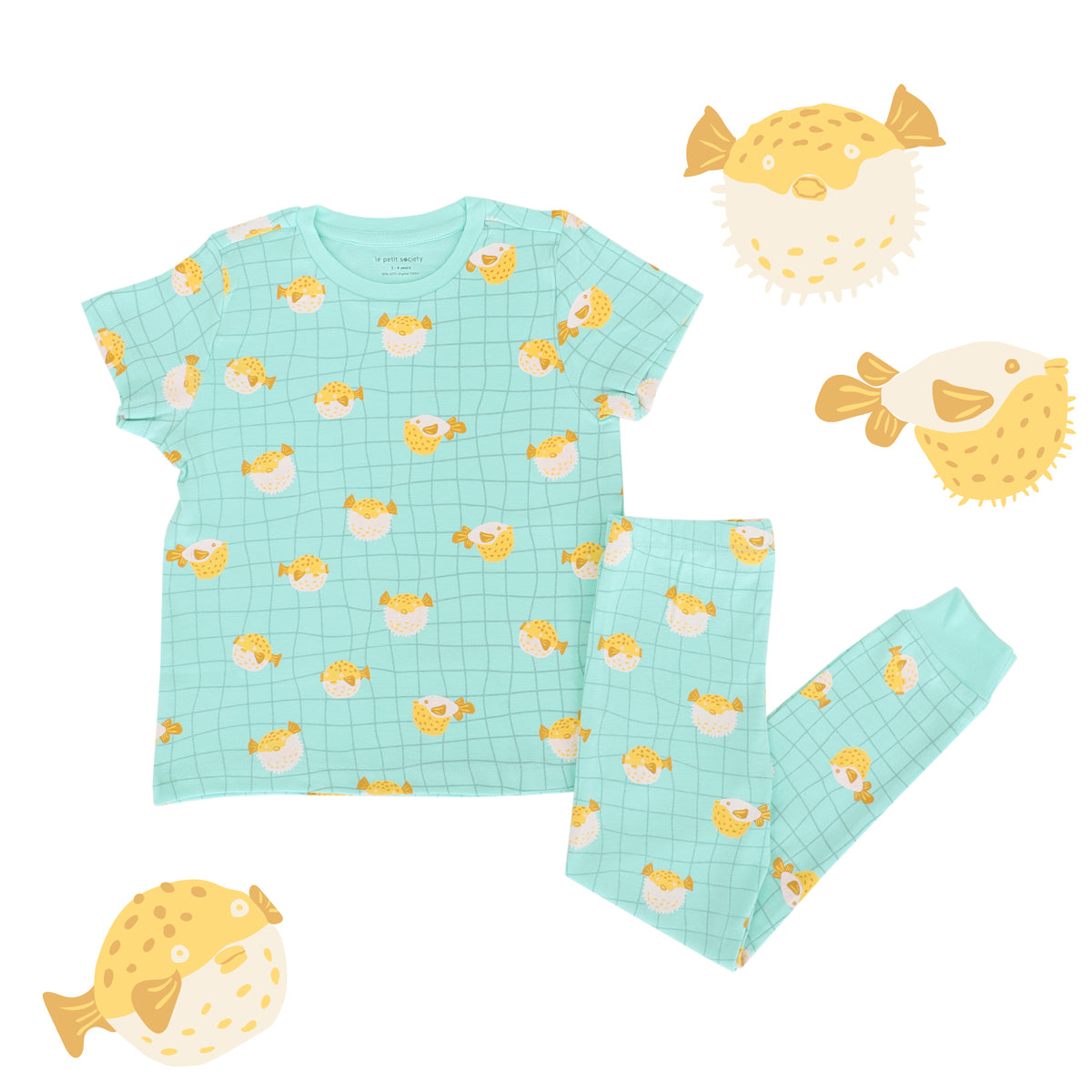 Kids Short Sleeves Organic Pyjamas Set in Puffer Fish Print by Le Petit Society — image 15