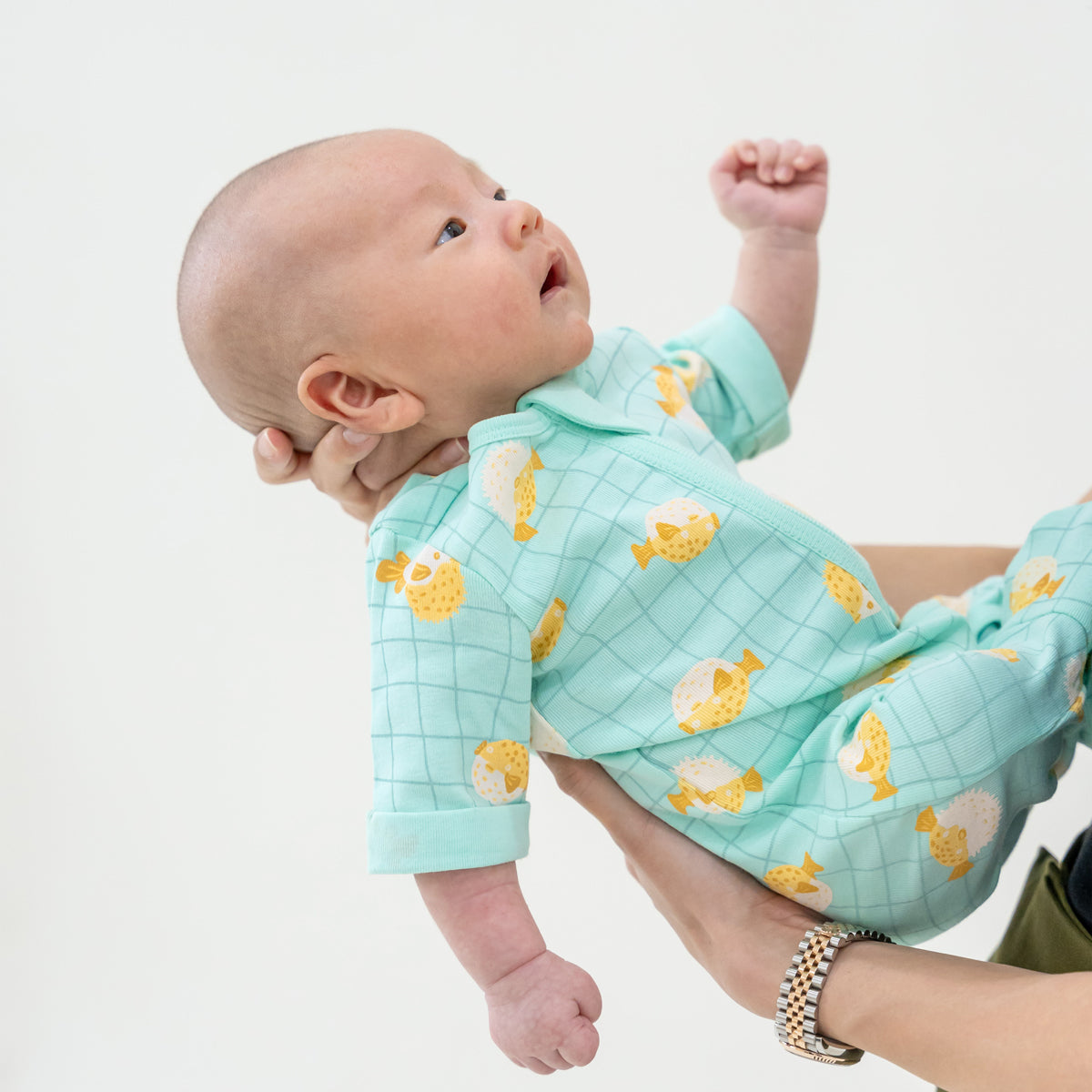 Baby Organic Short Sleeves Zip Sleepsuit in Puffer Fish Print by Le Petit Society — image 2
