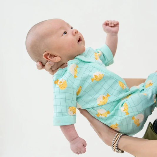 Baby Organic Short Sleeves Zip Sleepsuit in Puffer Fish Print by Le Petit Society — image 2