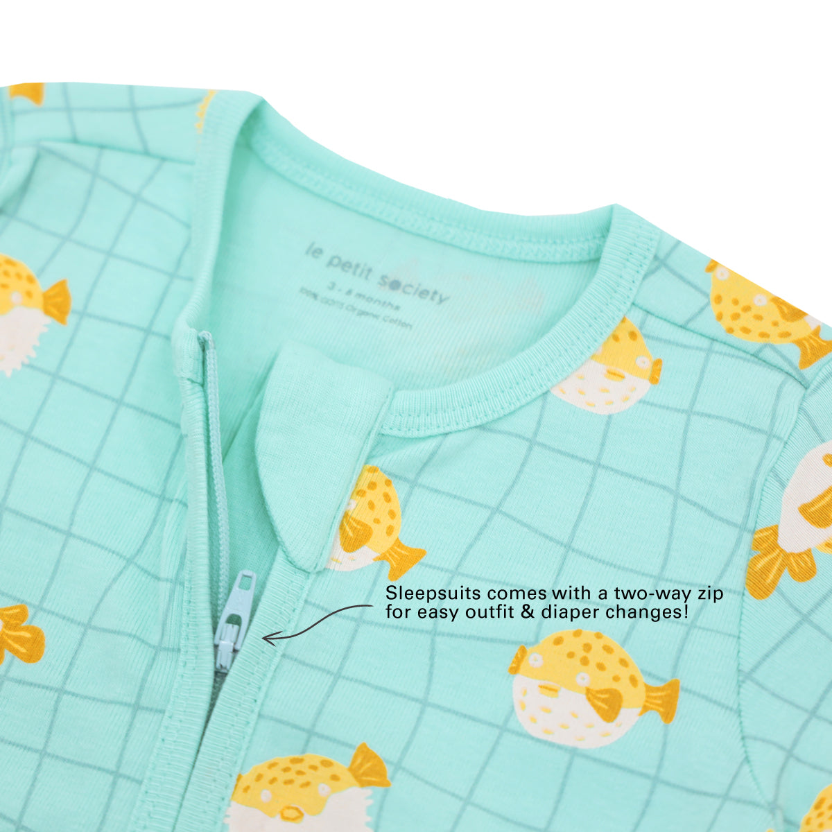 Baby Organic Short Sleeves Zip Sleepsuit in Puffer Fish Print by Le Petit Society — image 4