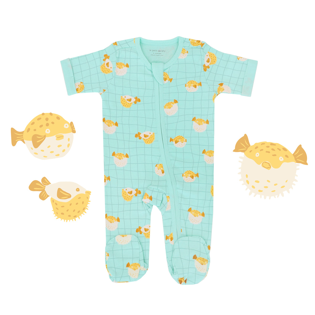 Baby Organic Short Sleeves Zip Sleepsuit in Puffer Fish Print by Le Petit Society — image 10