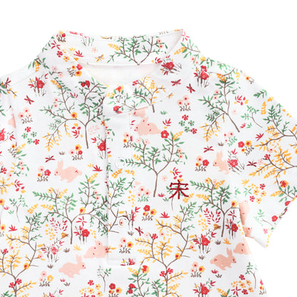 Rabbit Series - Baby Boy Jersey Shirt Romper in Pink Woodlands Print by Le Petit Society — image 3