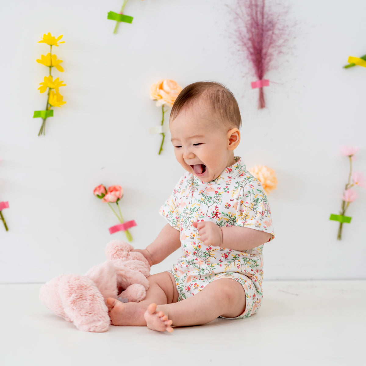 Rabbit Series - Baby Boy Jersey Shirt Romper in Pink Woodlands Print by Le Petit Society — image 4