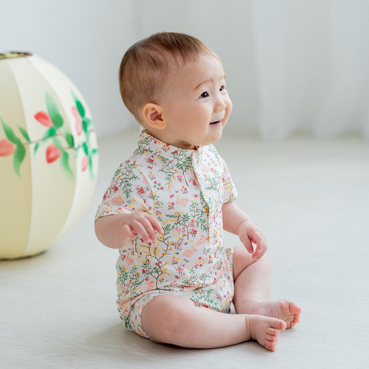 Rabbit Series - Baby Boy Jersey Shirt Romper in Pink Woodlands Print by Le Petit Society