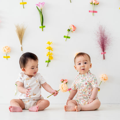 Rabbit Series - Baby Boy Jersey Shirt Romper in Pink Woodlands Print by Le Petit Society — image 8