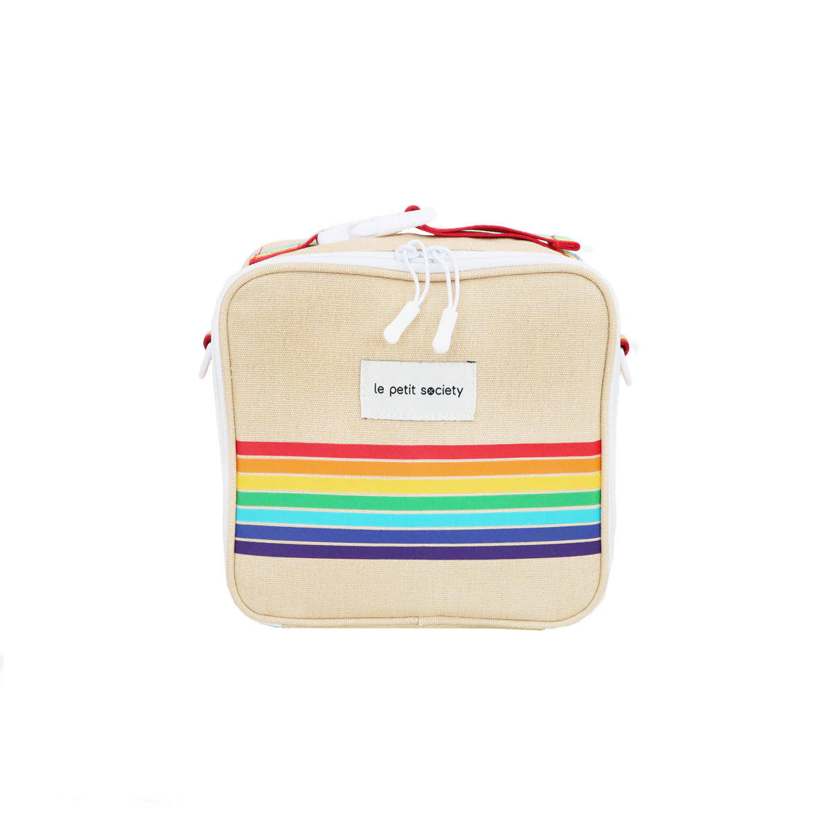 A beige-coloured thermal lunch bag with a rainbow print from Le Petit Society.
