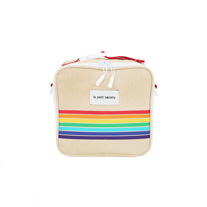 A beige-coloured thermal lunch bag with a rainbow print from Le Petit Society.