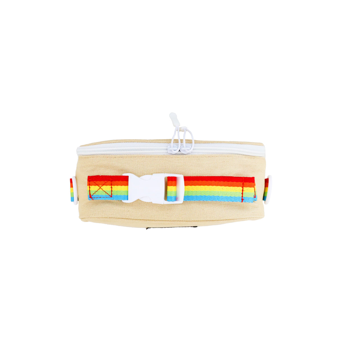 A beige-coloured thermal lunch bag with a rainbow print and rainbow bag strap.