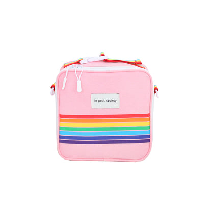 A pink thermal lunch bag with a rainbow print by Le Petit Society.