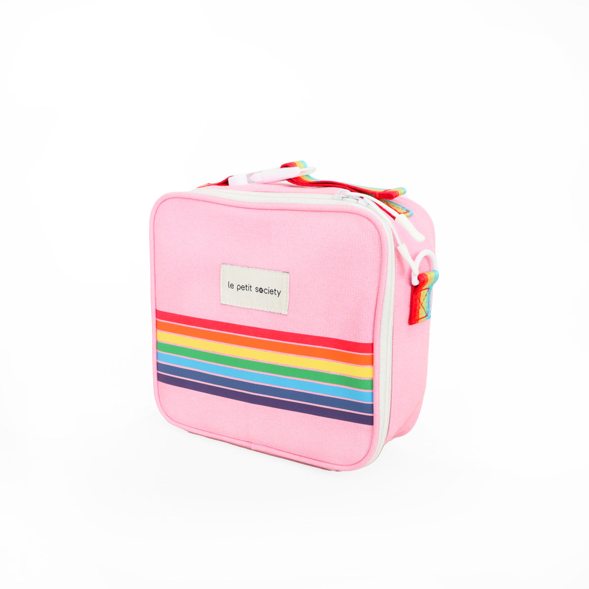 A pink thermal lunch bag with a rainbow print from Le Petit Society.