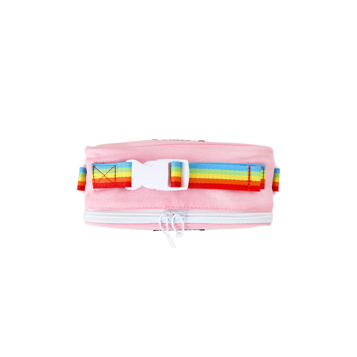 The rainbow bag strap and buckle of a thermal lunch bag from Le Petit Society.