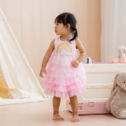 Party Series - Rainbow Tiered Dress in Pink by Le Petit Society — image 4