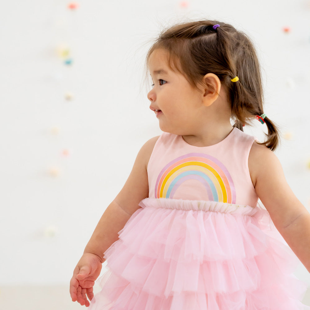 Party Series - Rainbow Tiered Dress in Pink by Le Petit Society — image 2