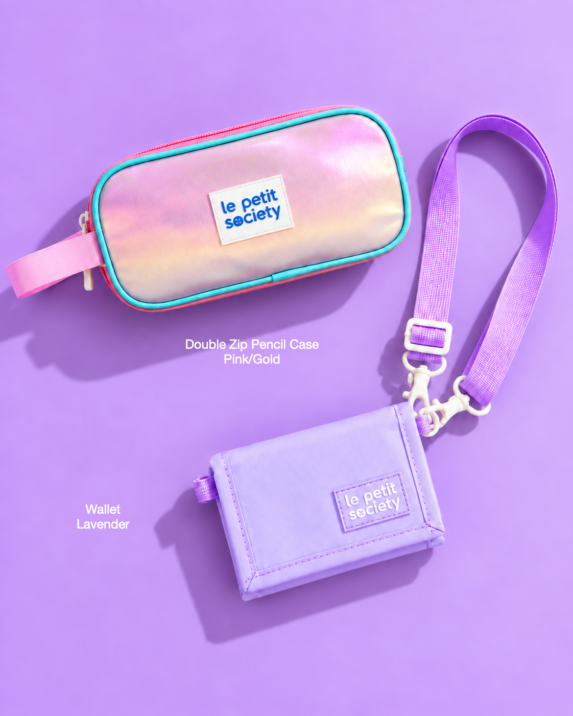 Petit Pair bundle: Double Zip Pencil Case in Pink/Gold and Wallet in Lavender