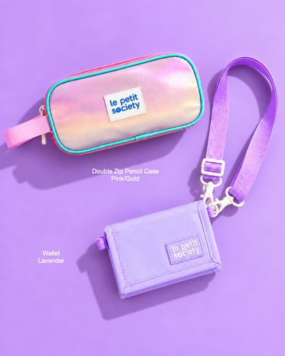 Petit Pair bundle: Double Zip Pencil Case in Pink/Gold and Wallet in Lavender