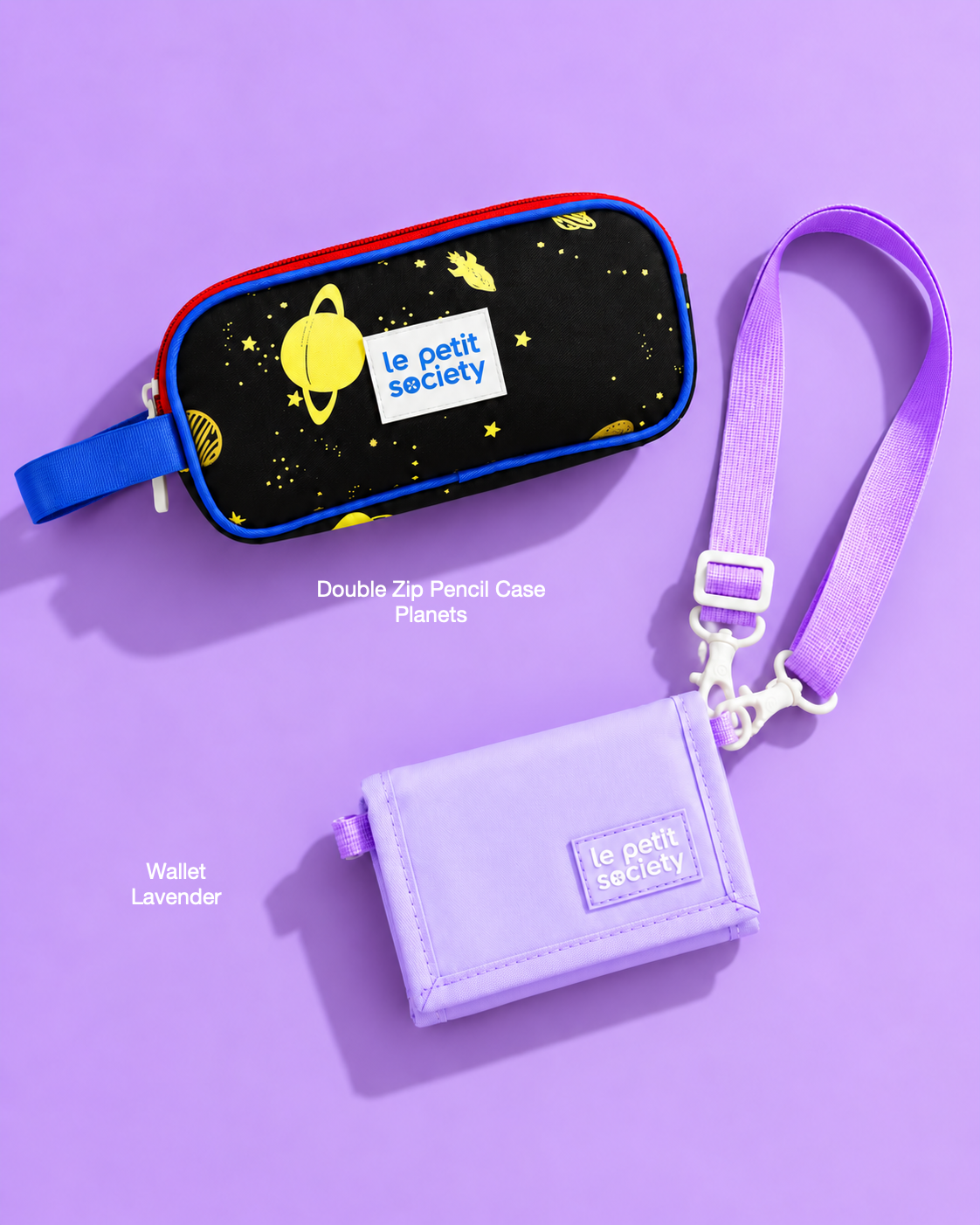 Petit Pair bundle: Double Zip Pencil Case in Planets and Wallet in Lavender