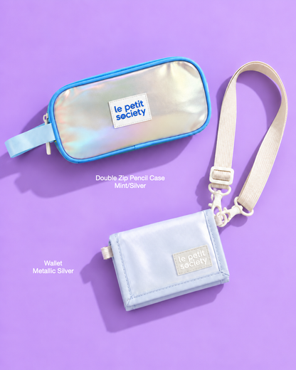 Petit Pair bundle: Double Zip Pencil Case in Mint/Silver and Wallet in Metallic Silver