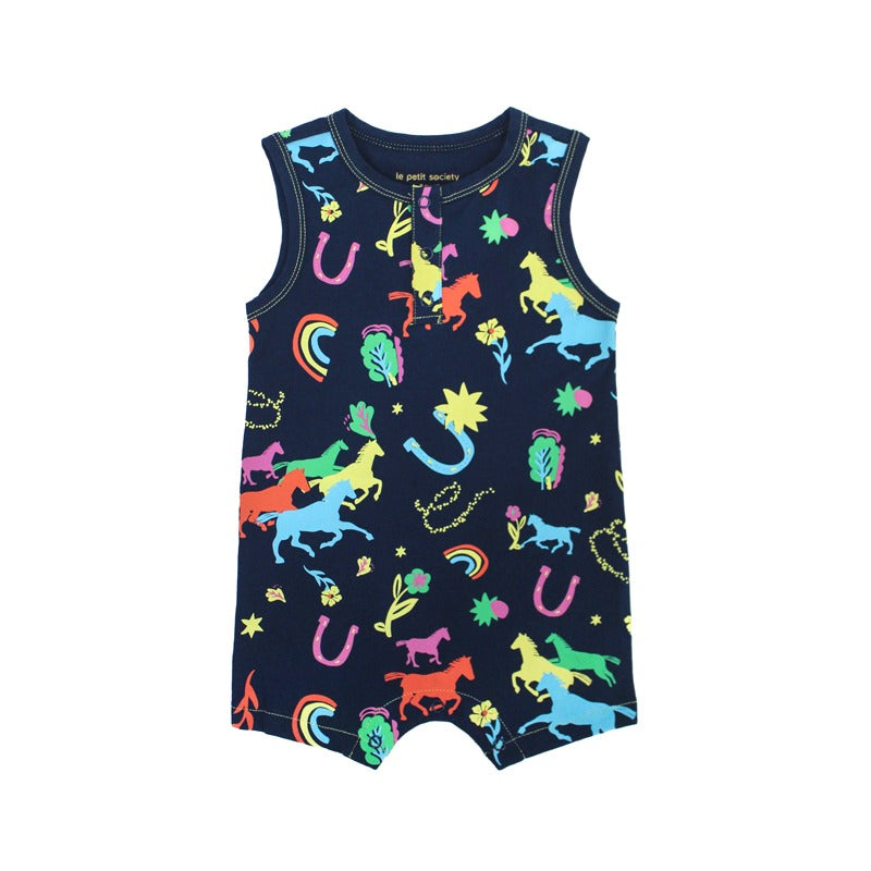 Le Petit Society x Sheila Sim CNY 2026 Rainbow Horse Collection — A sleeveless navy baby romper laid flat to show the full pattern of vibrant multicoloured horses, moons, stars, rainbows and floral icons.
