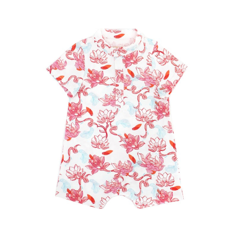 Baby romper from the Le Petit Society x Sheila Sim CNY 2026 lotus collection, featuring an allover lotus print in soft corals and sky blue. The lightweight fabric and mini mandarin collar give it a festive cheongsam-inspired look, perfect for little ones 