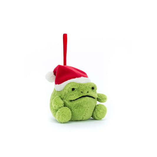 A front view of a cute green plush frog ornament wearing a red and white Santa hat with a red hanging loop, sitting on a white background