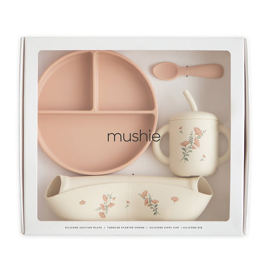Silicone Feeding Toddler Set in Pink Flowers by Mushie