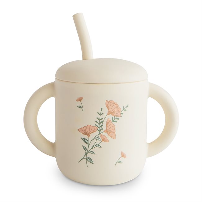 Silicone Training Cup + Straw in Pink Flowers by Mushie