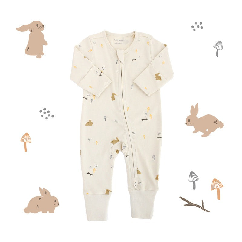 Baby Organic Zip Sleepsuit with Foldable Mittens & Footies in Beige Rabbit by Le Petit Society — image 10