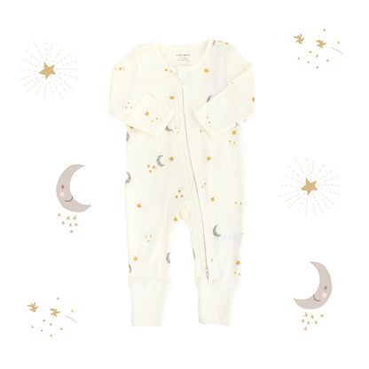 Baby Organic Zip Sleepsuit with Foldable Mittens & Footies in Moon & Stars by Le Petit Society