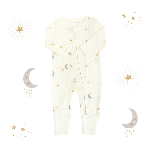 Baby Organic Zip Sleepsuit with Foldable Mittens & Footies in Moon & Stars by Le Petit Society