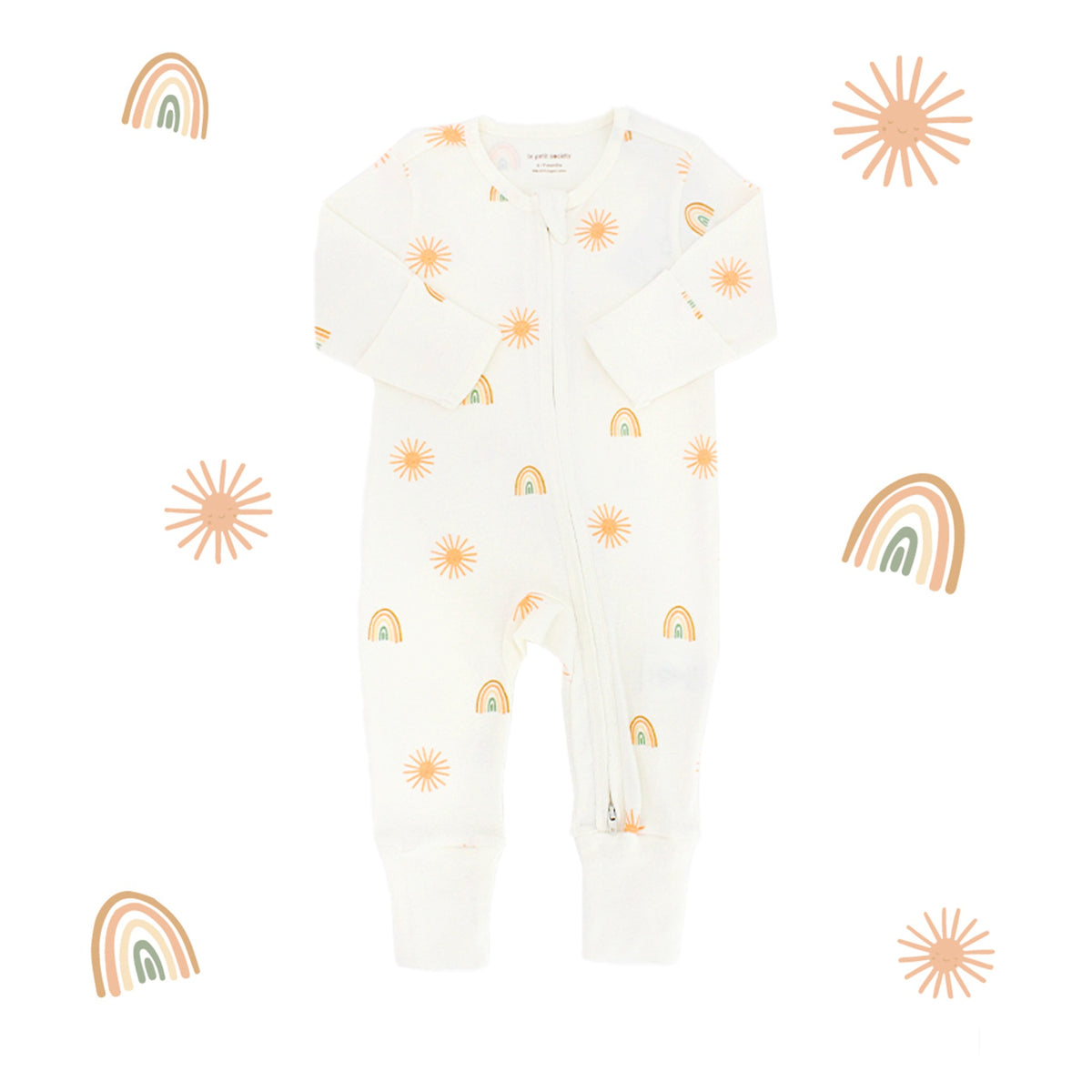 Baby Organic Zip Sleepsuit with Foldable Mittens & Footies in Sun & Rainbow by Le Petit Society