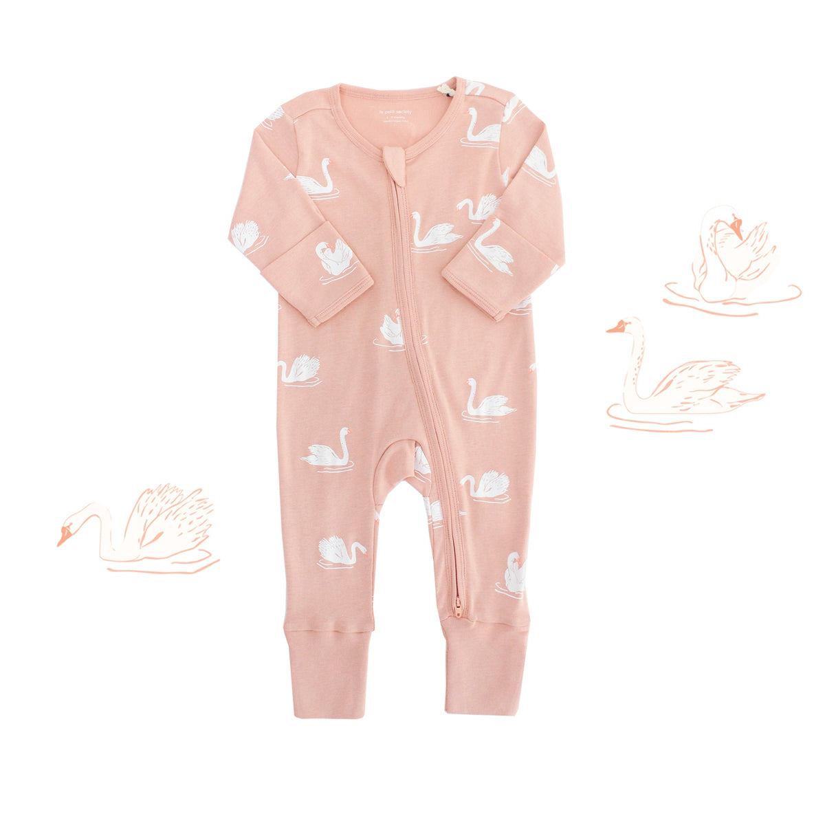Baby Organic Zip Sleepsuit with Foldable Mittens & Footies in Swan by Le Petit Society