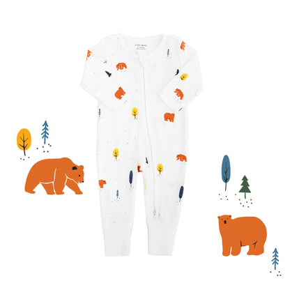 Baby Organic Zip Sleepsuit with Foldable Mittens & Footies in Bear by Le Petit Society