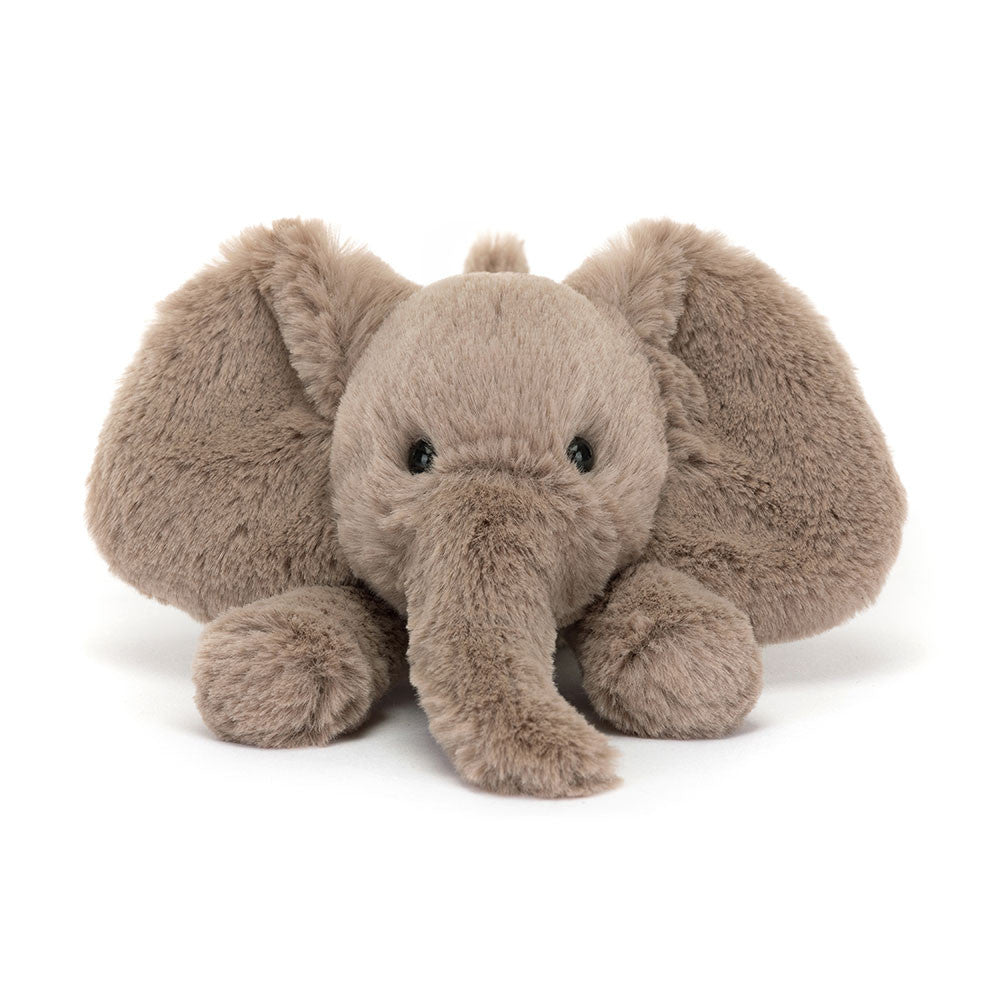 A front view of a tiny soft plush elephant toy in light brown with floppy ears and long trunk. Adorable and huggable stuffed animal, perfect for kids, nursery décor, or as a cuddly gift
