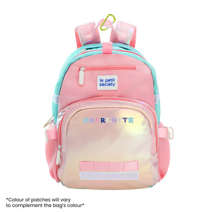The LPS kids single pocket school bag with an iridescent pink and gold design and personalised name patches.