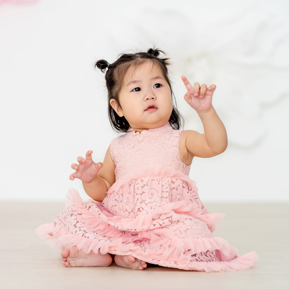 Spring Series - Baby Girl Tiered Dress in Pink Lace by Le Petit Society — image 4