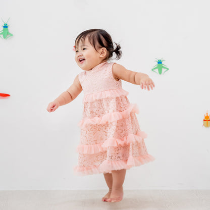 Spring Series - Baby Girl Tiered Dress in Pink Lace by Le Petit Society — image 7