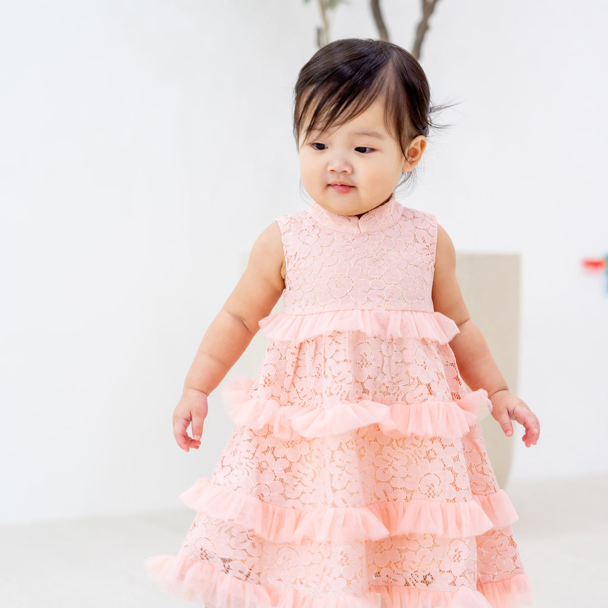 Spring Series - Baby Girl Tiered Dress in Pink Lace by Le Petit Society — image 3