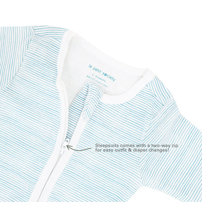 Baby Organic Zip Sleepsuit in Blue Stripes by Le Petit Society — image 7