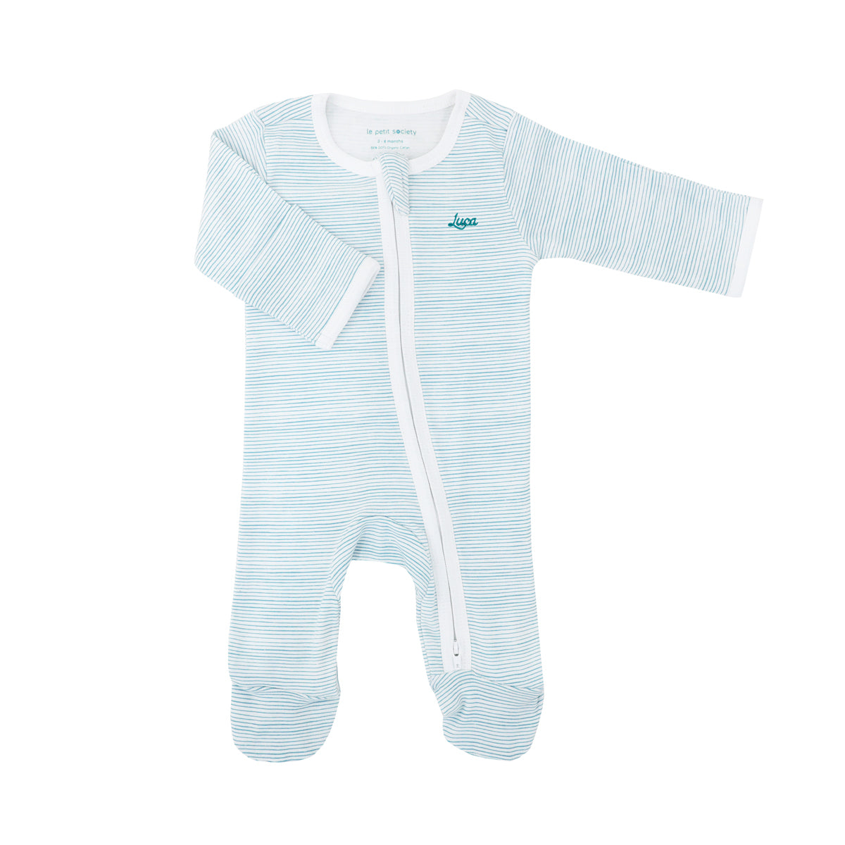 Baby Organic Zip Sleepsuit in Blue Stripes by Le Petit Society — image 3