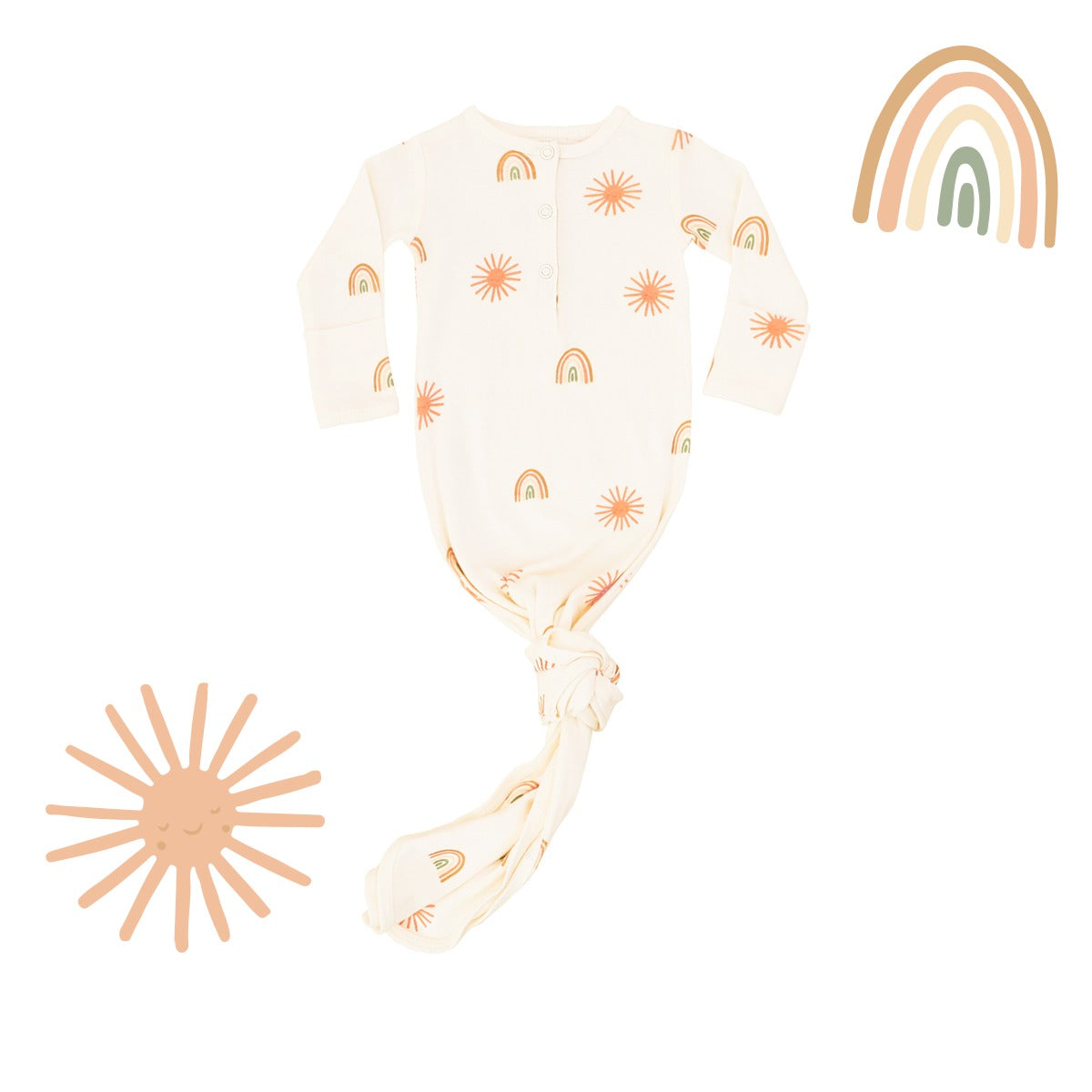Baby Organic Knotted Gown in Sun & Rainbow Print (Personalisable) by Le Petit Society