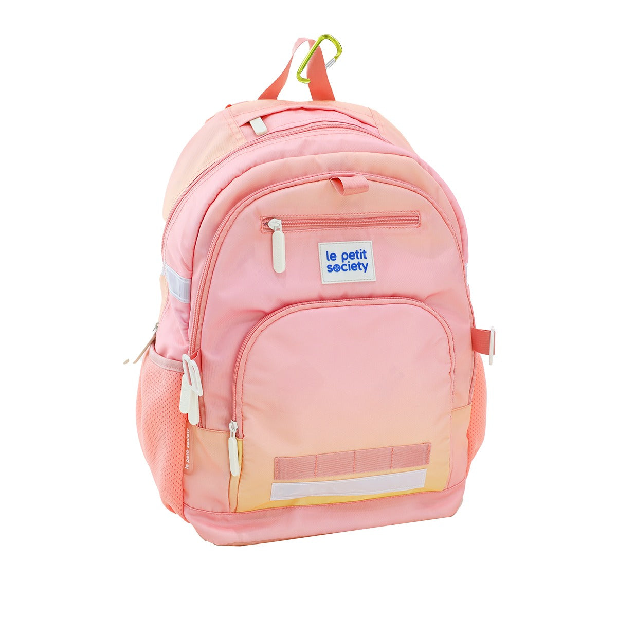 A side view of the LPS kids double pocket school bag in a pink and yellow ombre.
