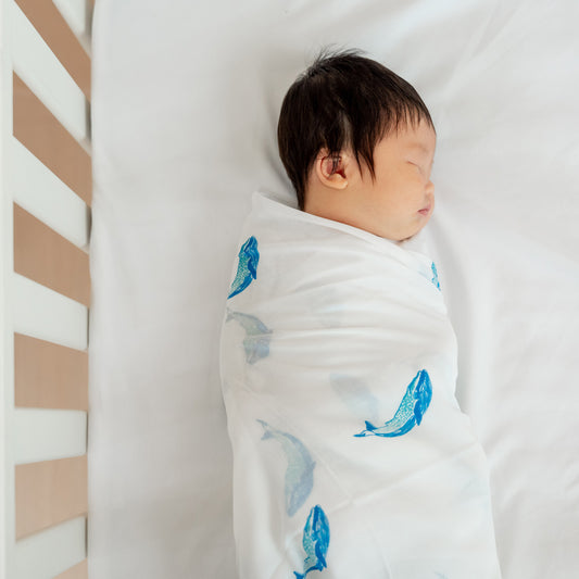 Baby Organic Swaddle in Whale (Personalisable) by Le Petit Society